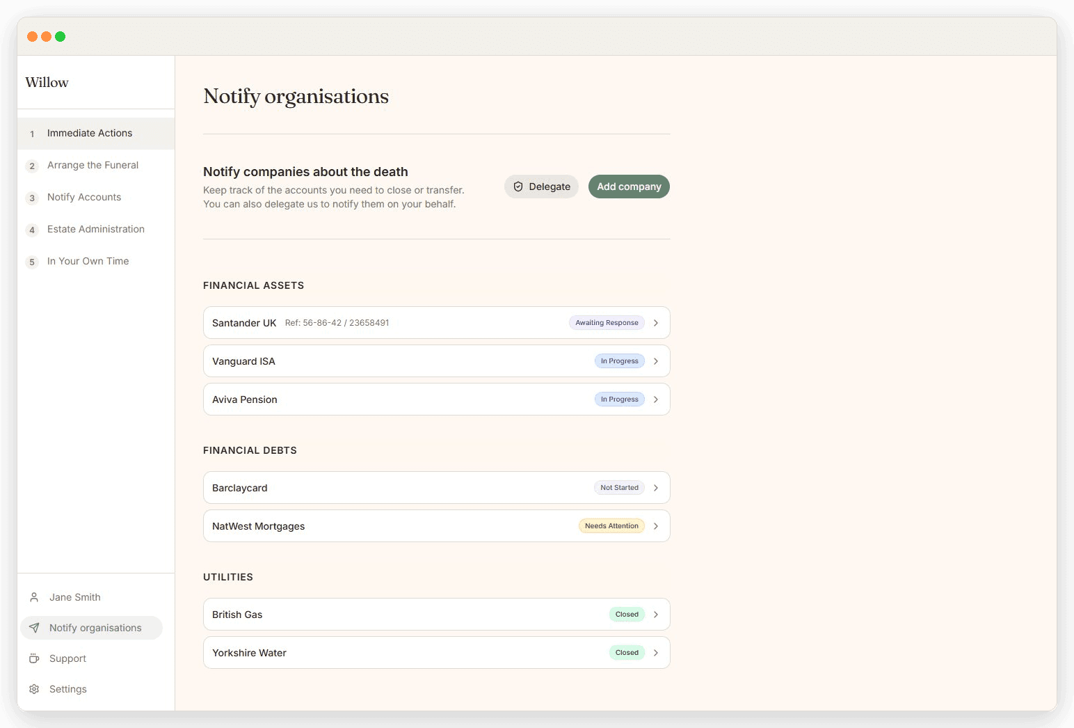 Tracking organisations to notify of a death